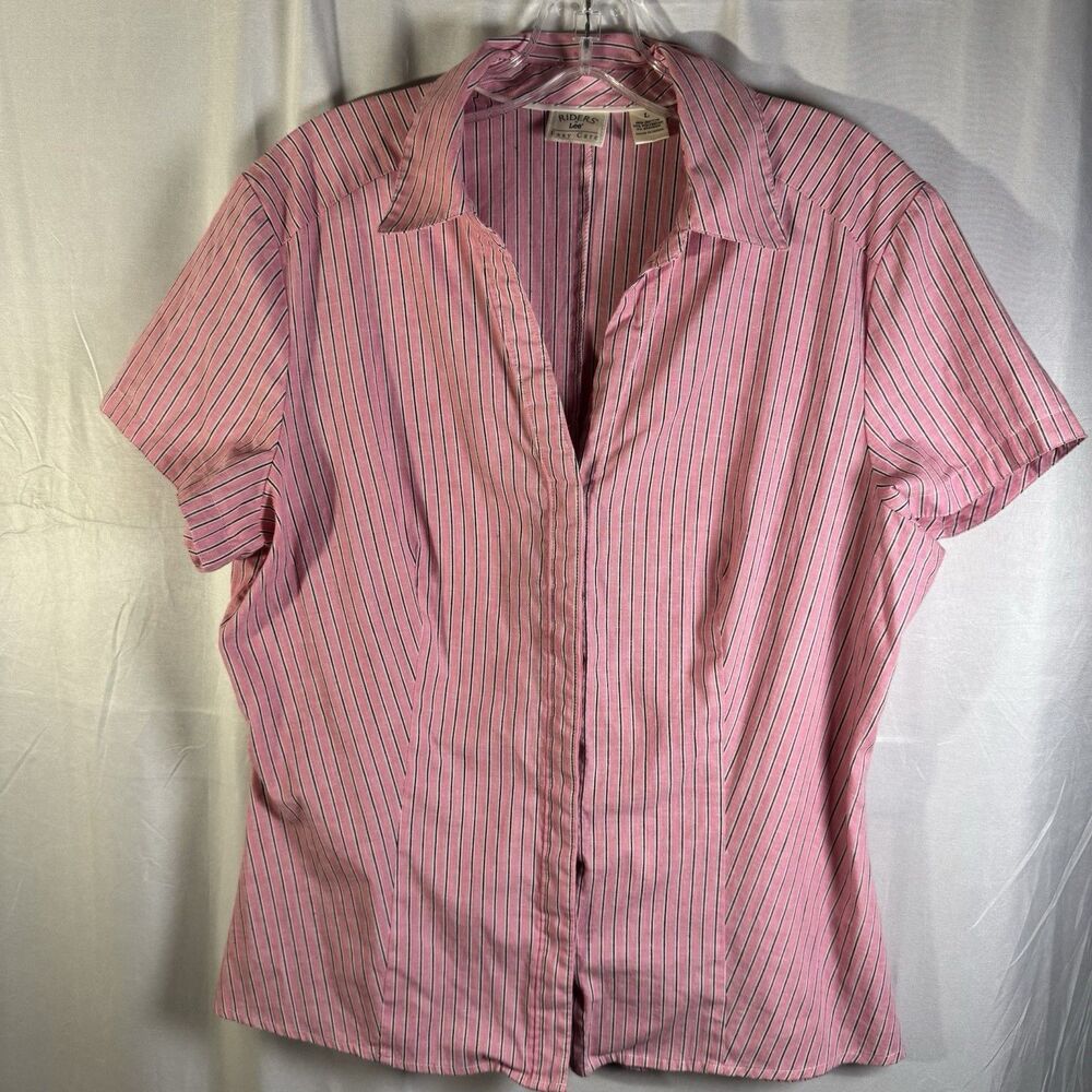 Riders by Lee Button Front Blouse Women’s Size L Pink Stripe Short Sleeve